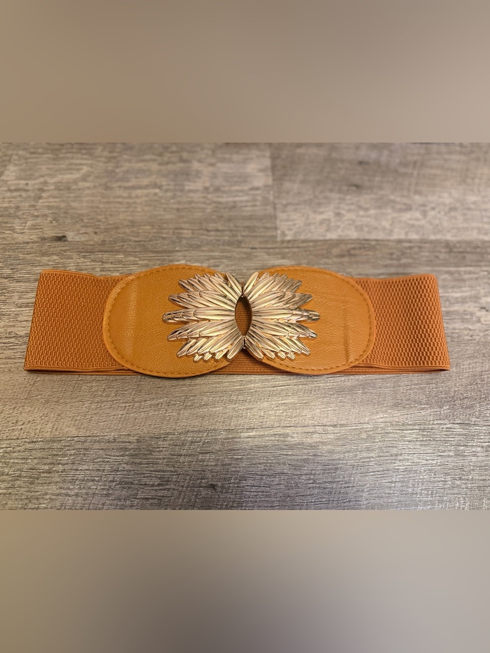Cognac Brown Stretch Waist Belt Gold Statement Buckle Boho Retro